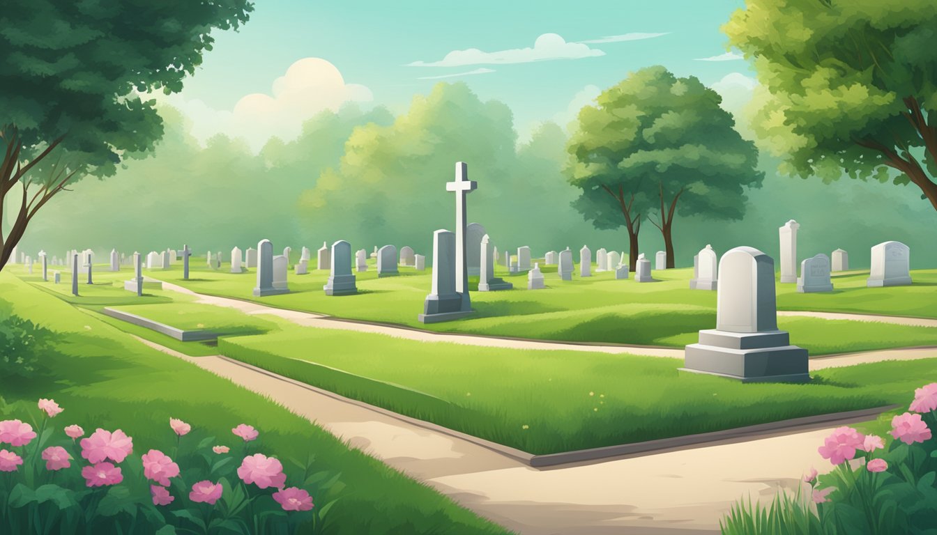 A cemetery plot surrounded by lush green grass and adorned with a simple headstone, nestled in a peaceful and serene setting