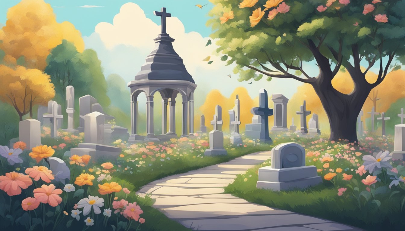 A serene cemetery with a solitary burial plot surrounded by flowers and cultural symbols. A songbird perches on a nearby tree