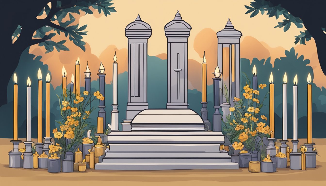 A burial plot surrounded by candles, flowers, and offerings, symbolizing the cultural significance of burial practices