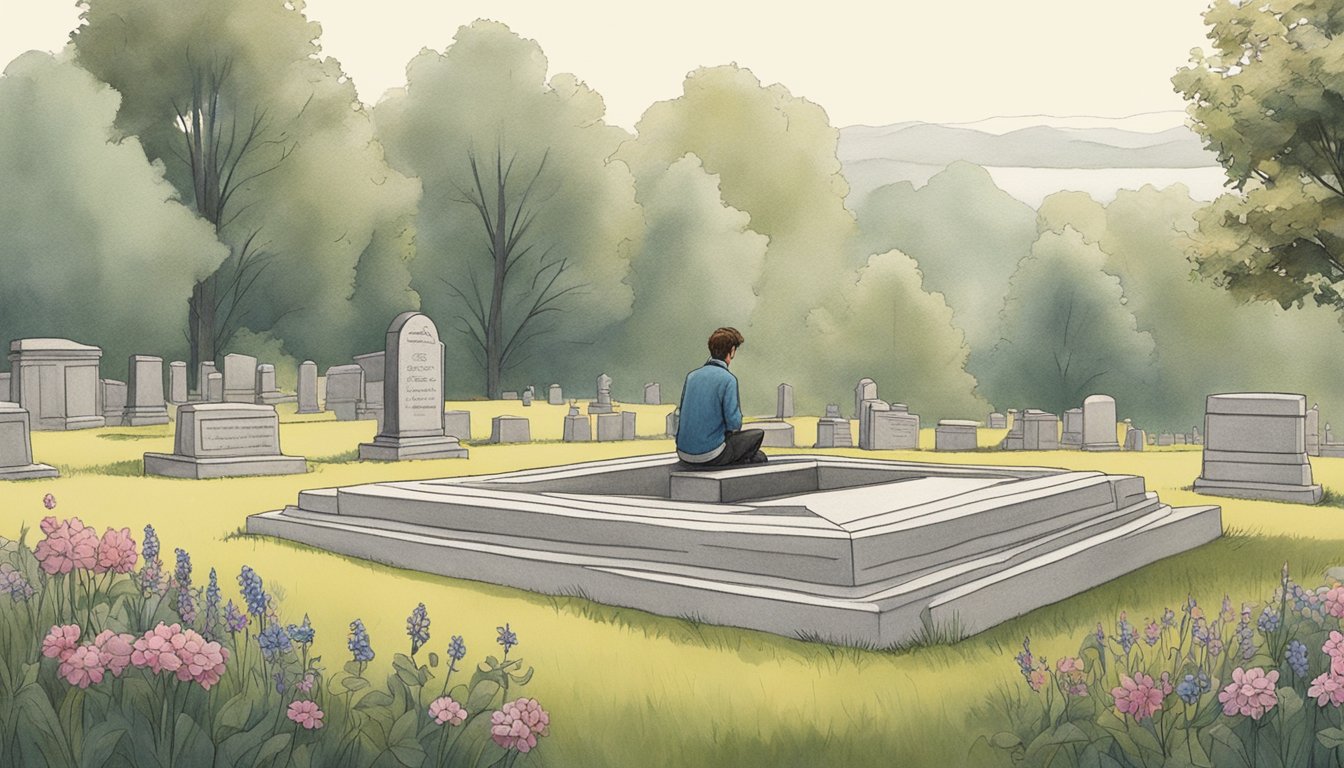 An artist sits by a burial plot, surrounded by a serene landscape. They listen to a song, finding inspiration in the peaceful setting