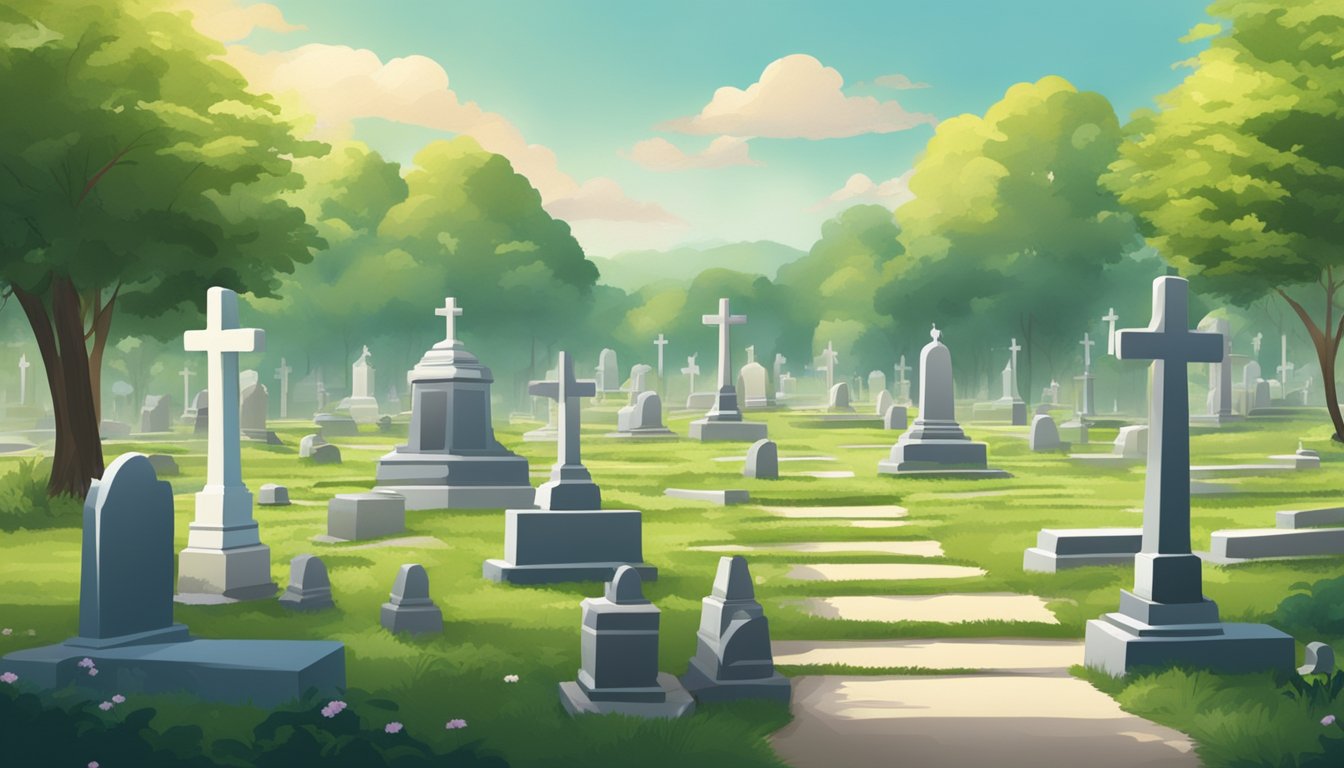 A serene cemetery with neatly arranged burial plots surrounded by lush greenery and peaceful atmosphere