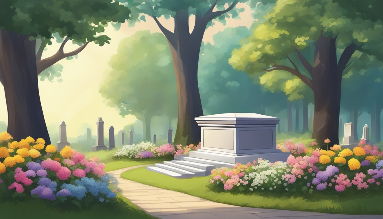 A burial plot surrounded by flowers and trees, with a sense of peace and tranquility