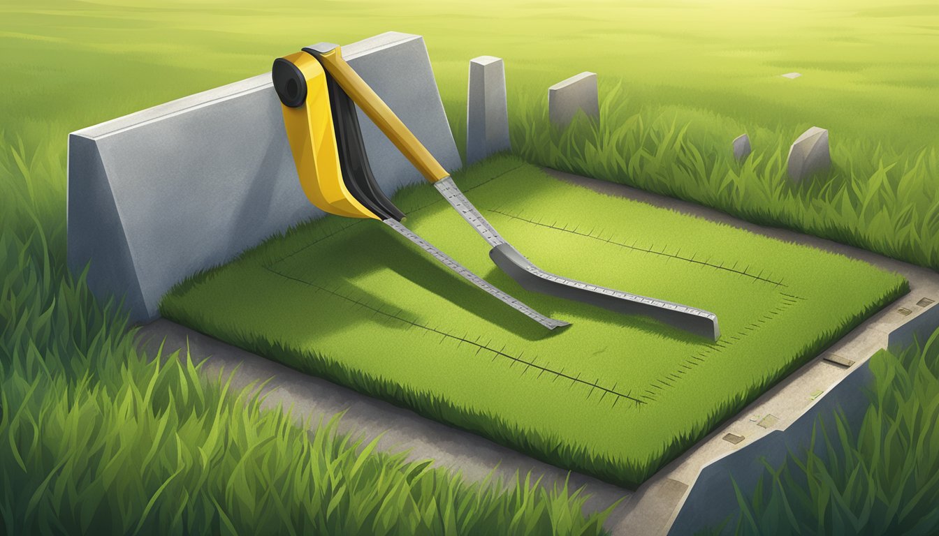 A measuring tape stretched across a grassy cemetery plot, with a shovel and markers nearby