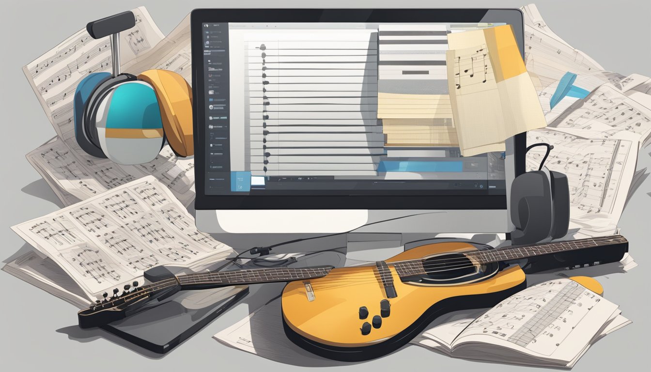 A guitar resting on a stand, surrounded by music sheets and a metronome. A laptop displaying a music editing software is open next to the guitar