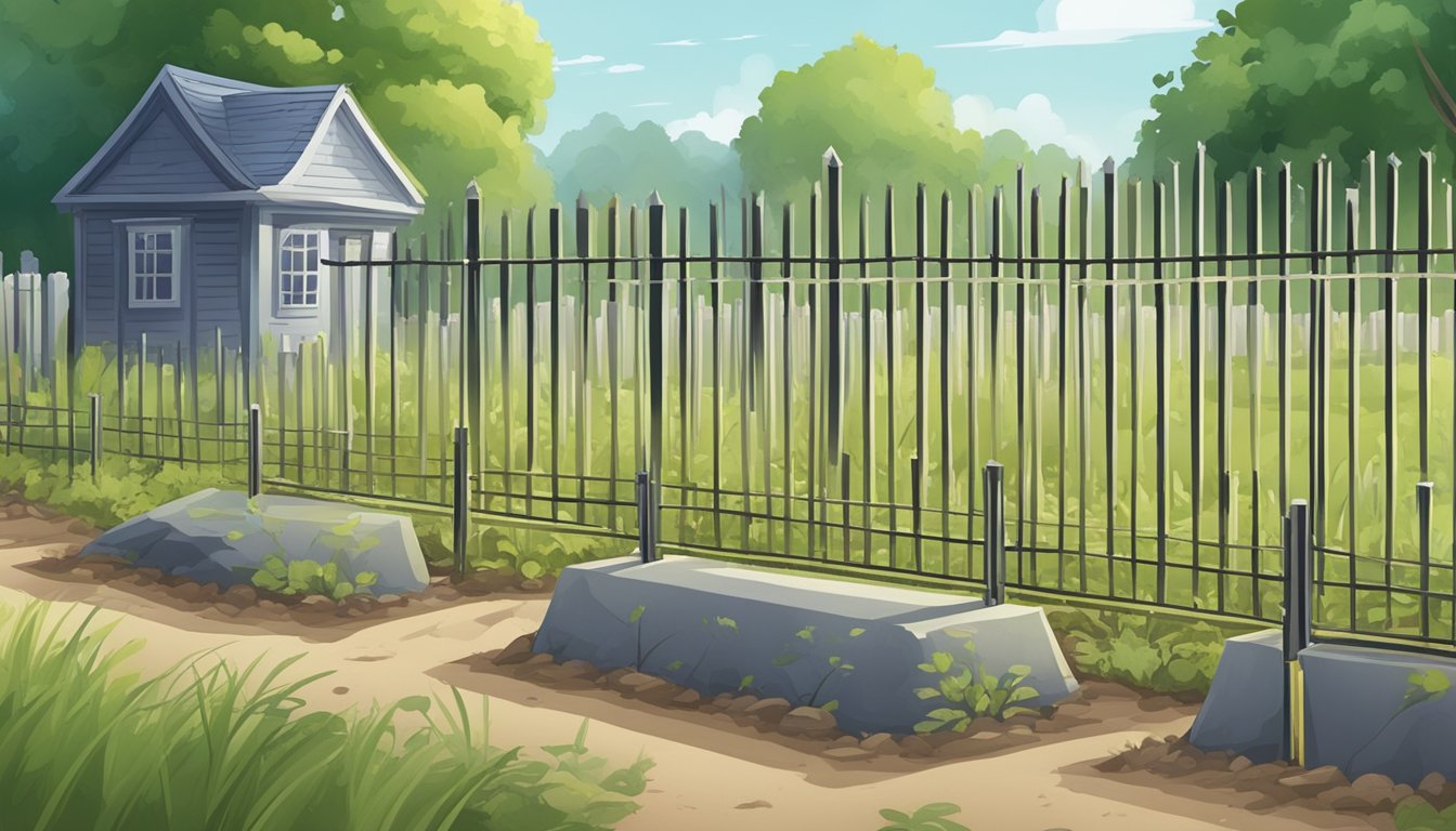 A ruler measuring a grave plot with a fence and regulatory sign nearby