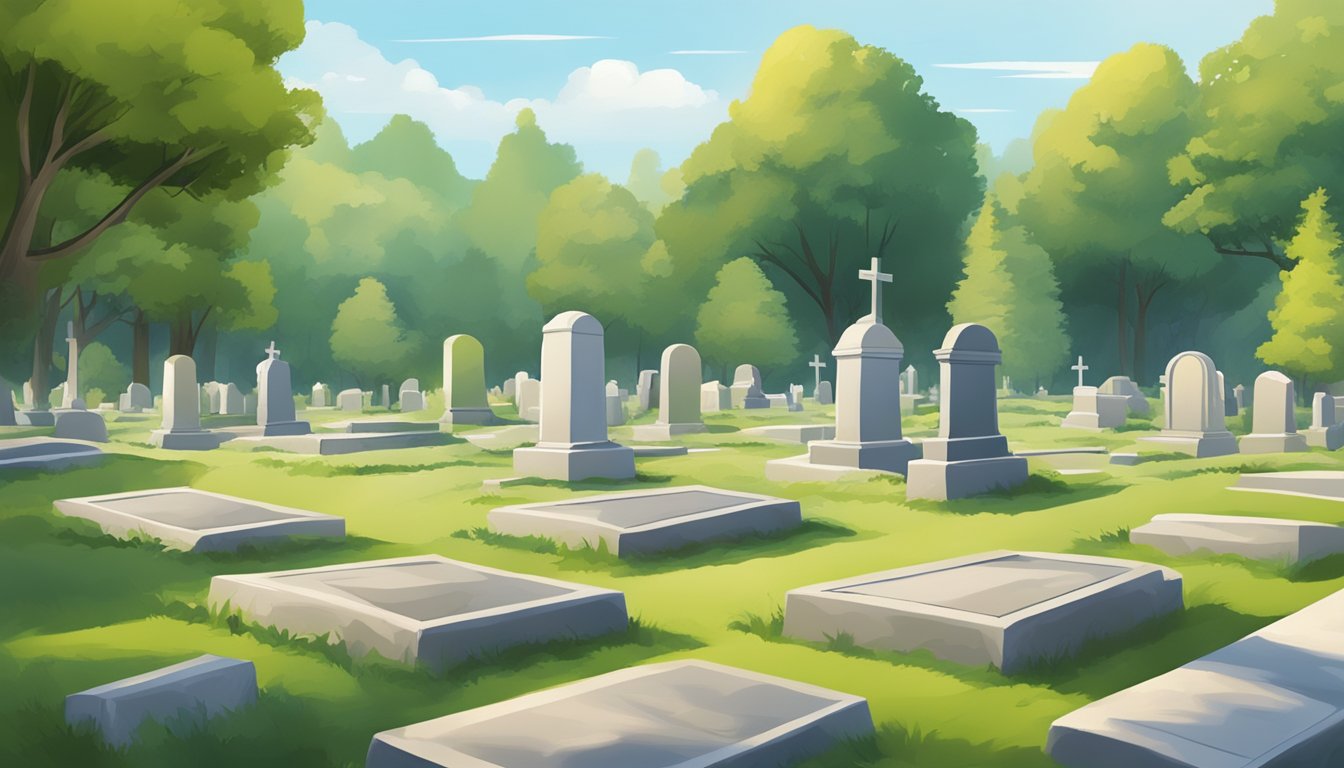 A serene cemetery with a plot of land marked for financial planning, surrounded by trees and peaceful surroundings