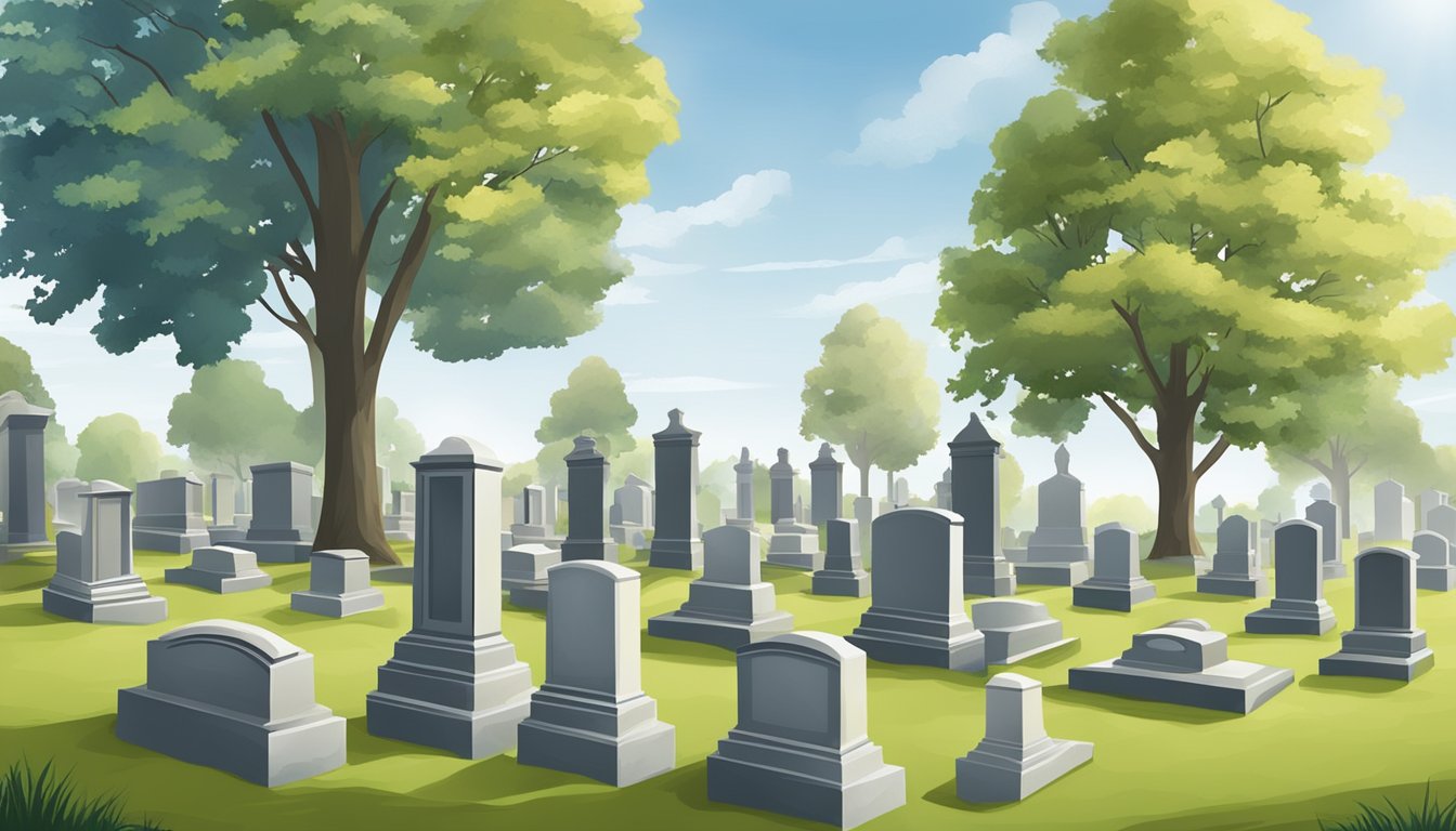 A serene cemetery with various grave plot dimensions and options for cremation and memorials