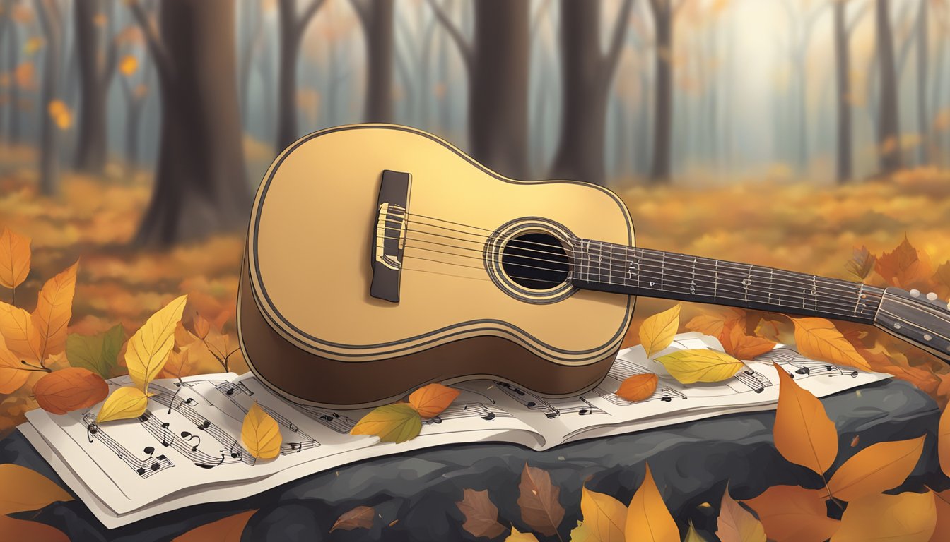 A solitary guitar and sheet music lie atop a grave, surrounded by wilting flowers and autumn leaves