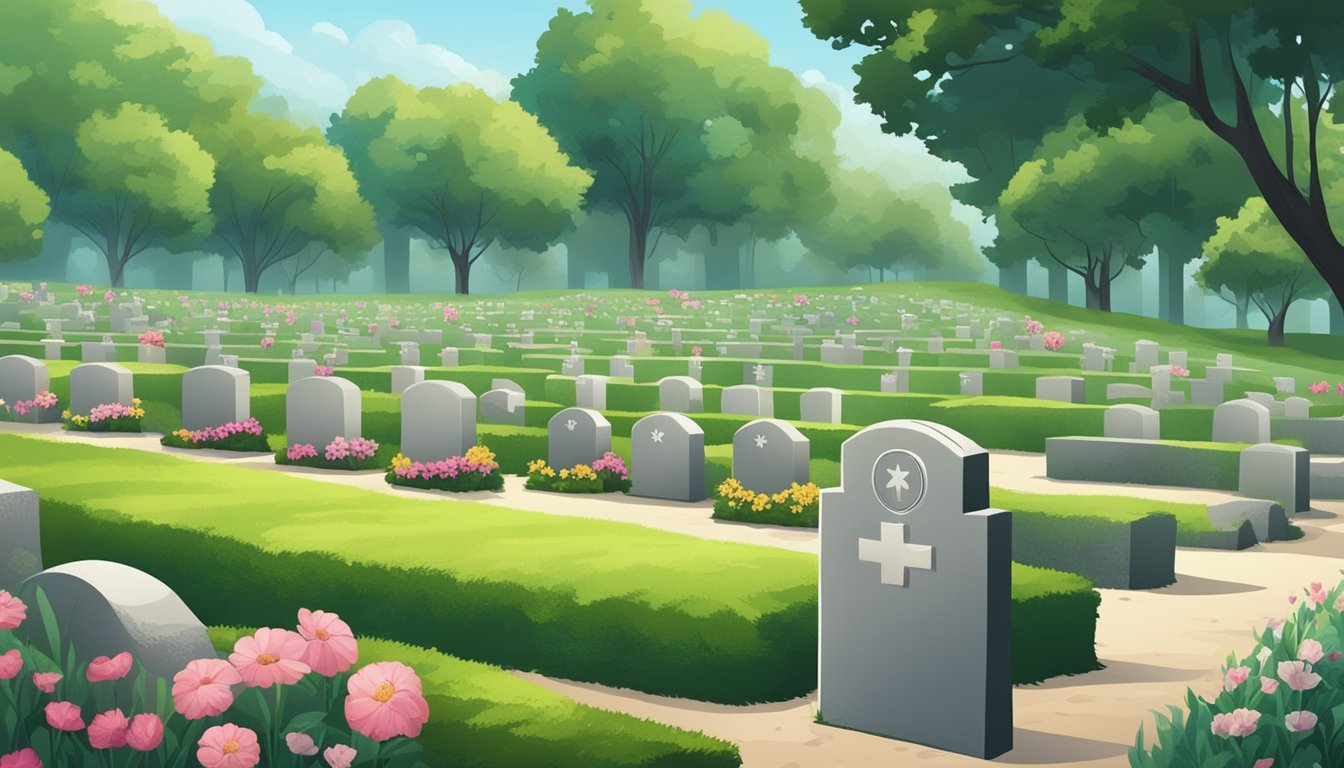 A serene cemetery with rows of grave plots, a double plot marked with a stone border, surrounded by greenery and flowers