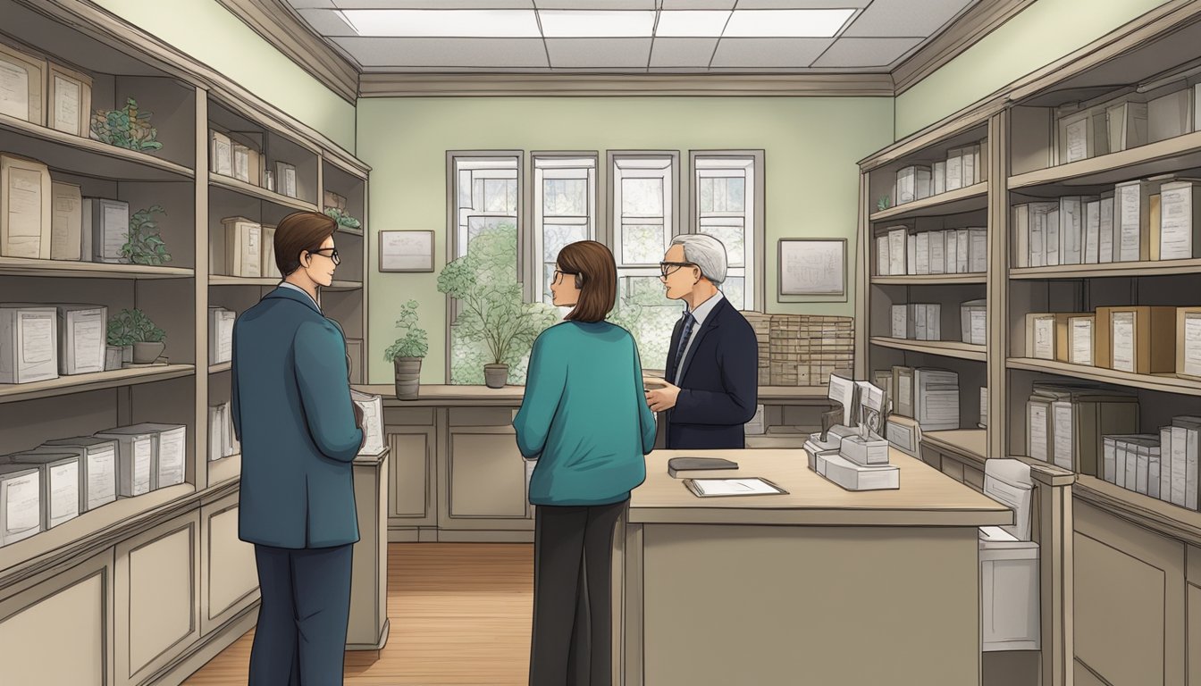 A couple stands at a cemetery office, discussing double grave plot pricing with a staff member. The office is filled with paperwork and shelves of urns