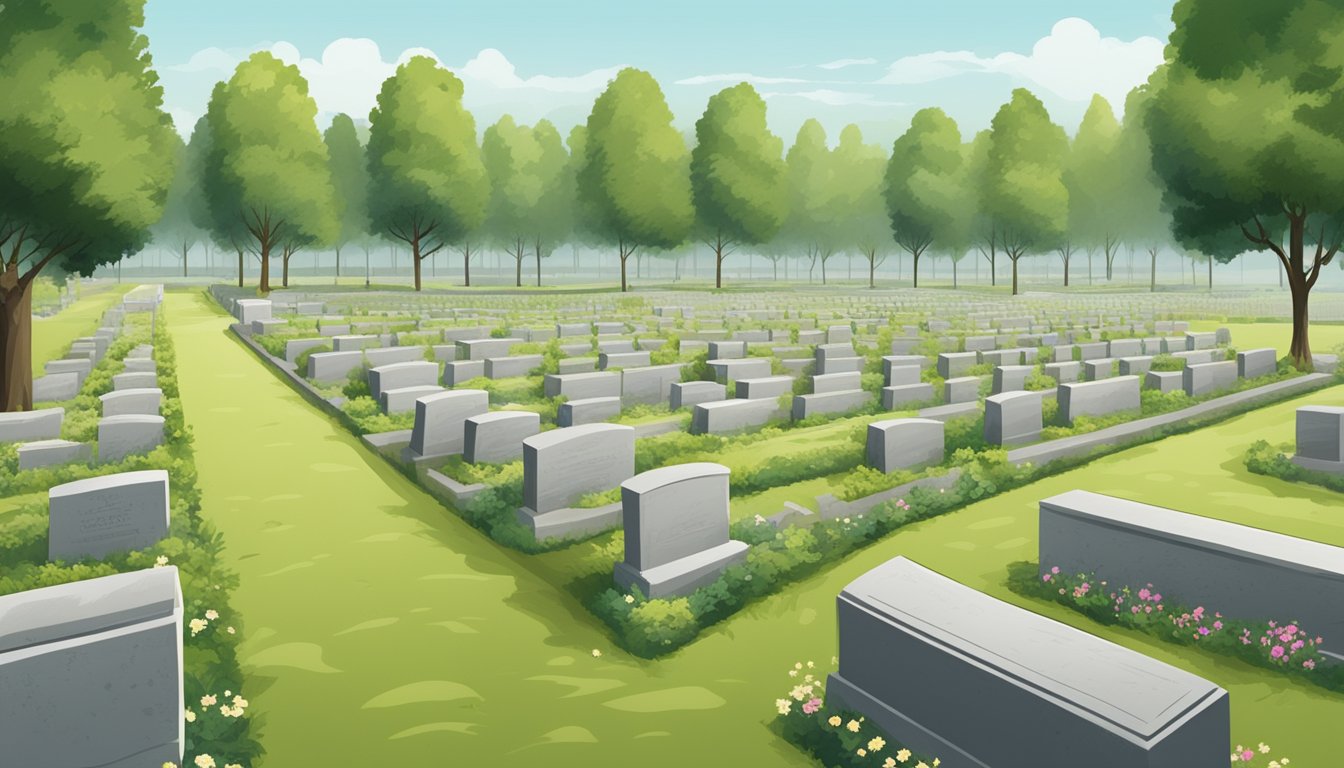 A serene cemetery with rows of grave plots, including a double grave plot, bordered by greenery and marked with headstones