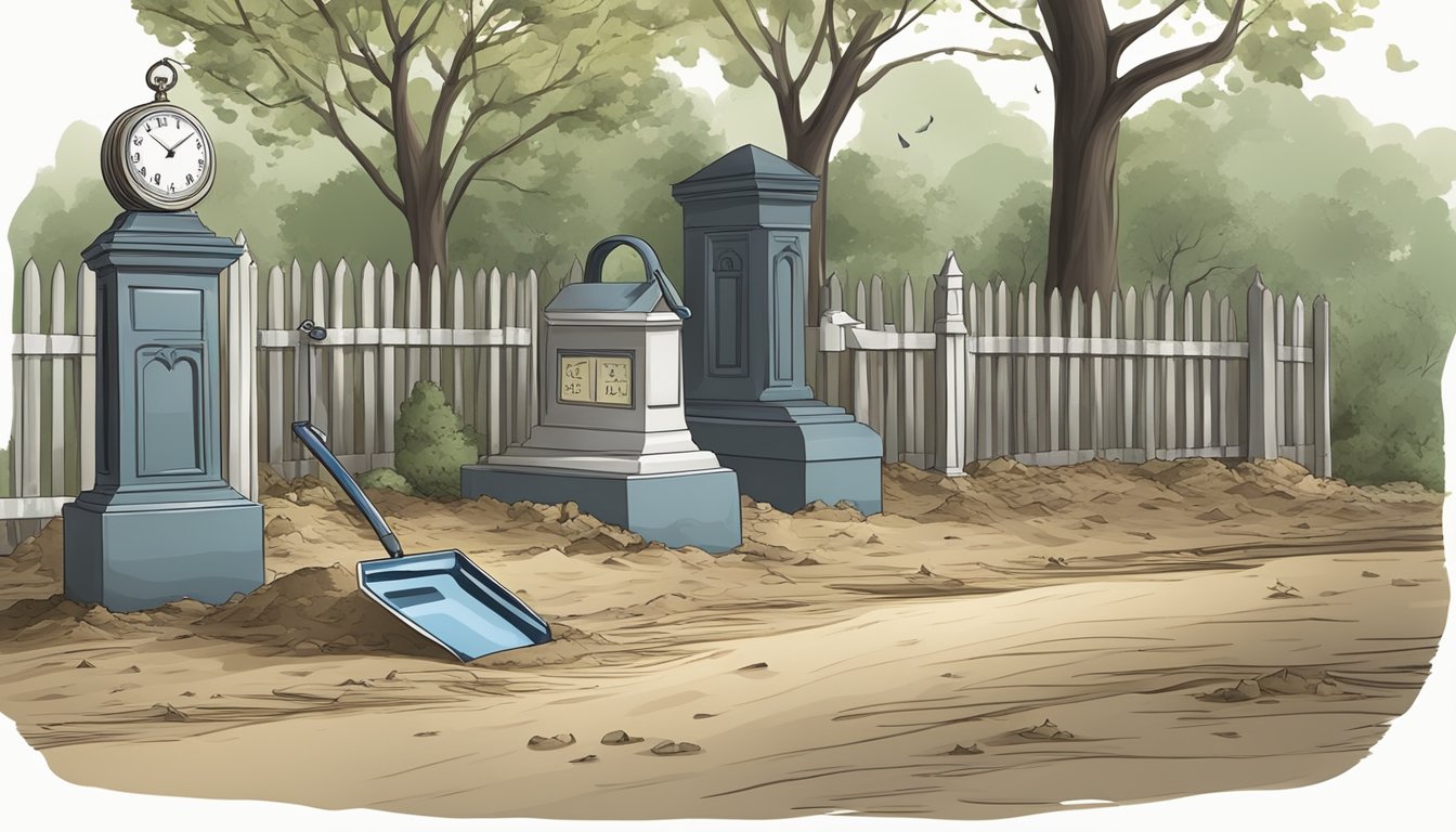 A burial plot being prepared with a shovel and a clock showing the passage of time