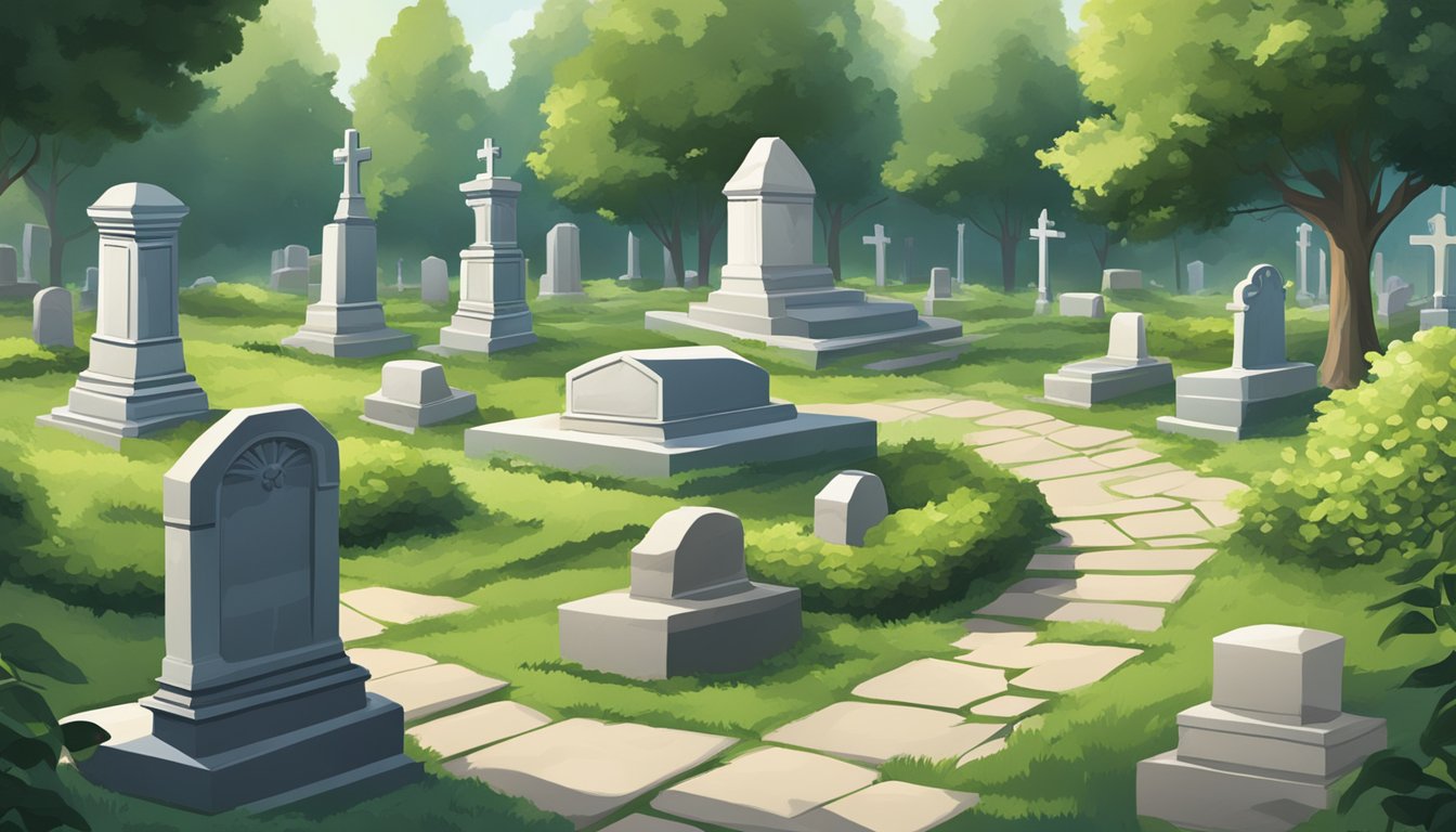 A serene cemetery with two adjacent grave plots, marked by headstones and surrounded by lush greenery