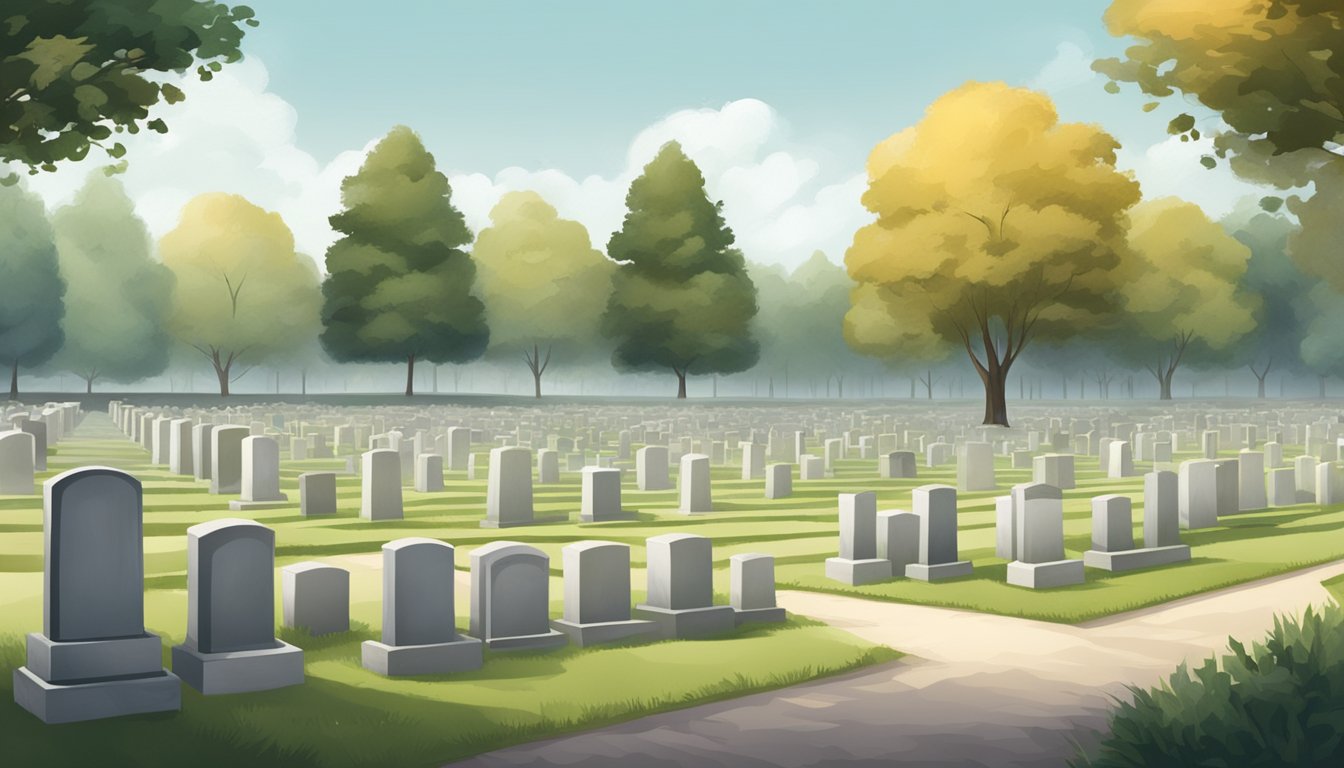 A serene cemetery with rows of empty burial plots, surrounded by trees and peaceful landscape