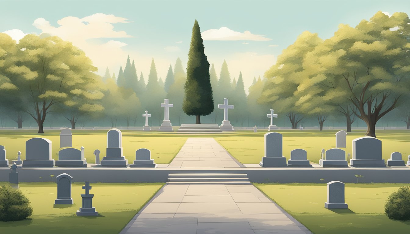 Two empty grave plots side by side in a serene cemetery setting, with a backdrop of trees and a clear sky