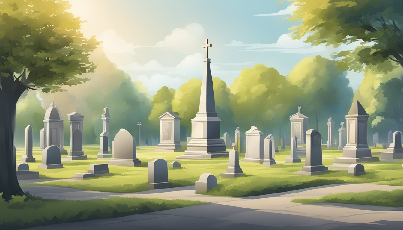 A serene cemetery with neatly arranged burial plots and a central registry office