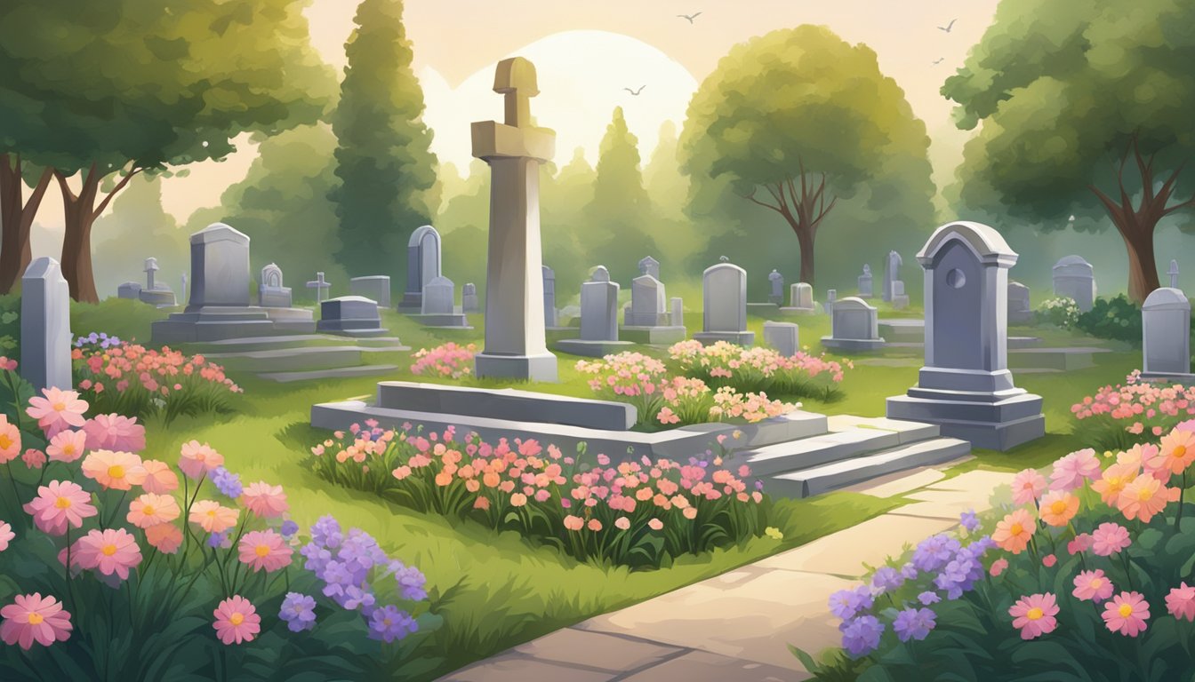 A tranquil cemetery with a well-kept burial plot surrounded by flowers and tall grass