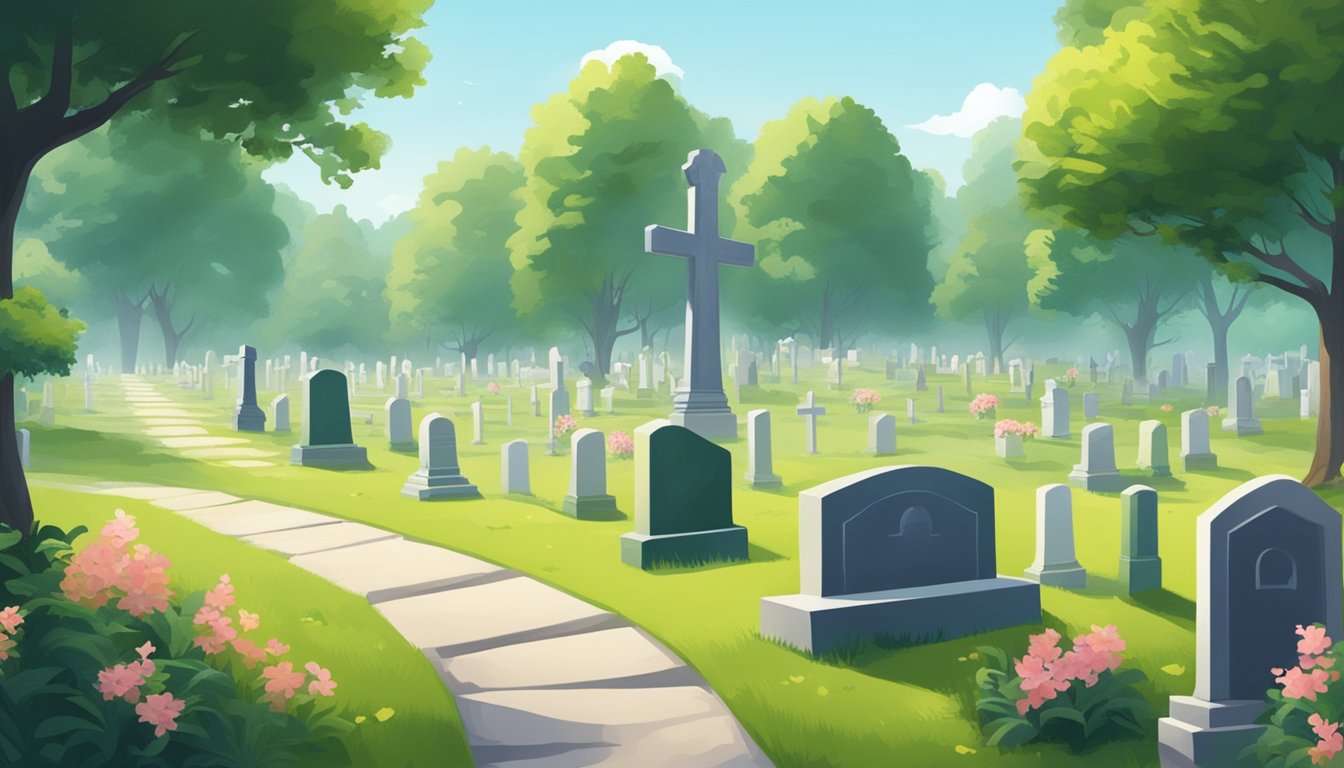 A serene cemetery with rows of gravestones and markers, surrounded by lush greenery and peaceful atmosphere