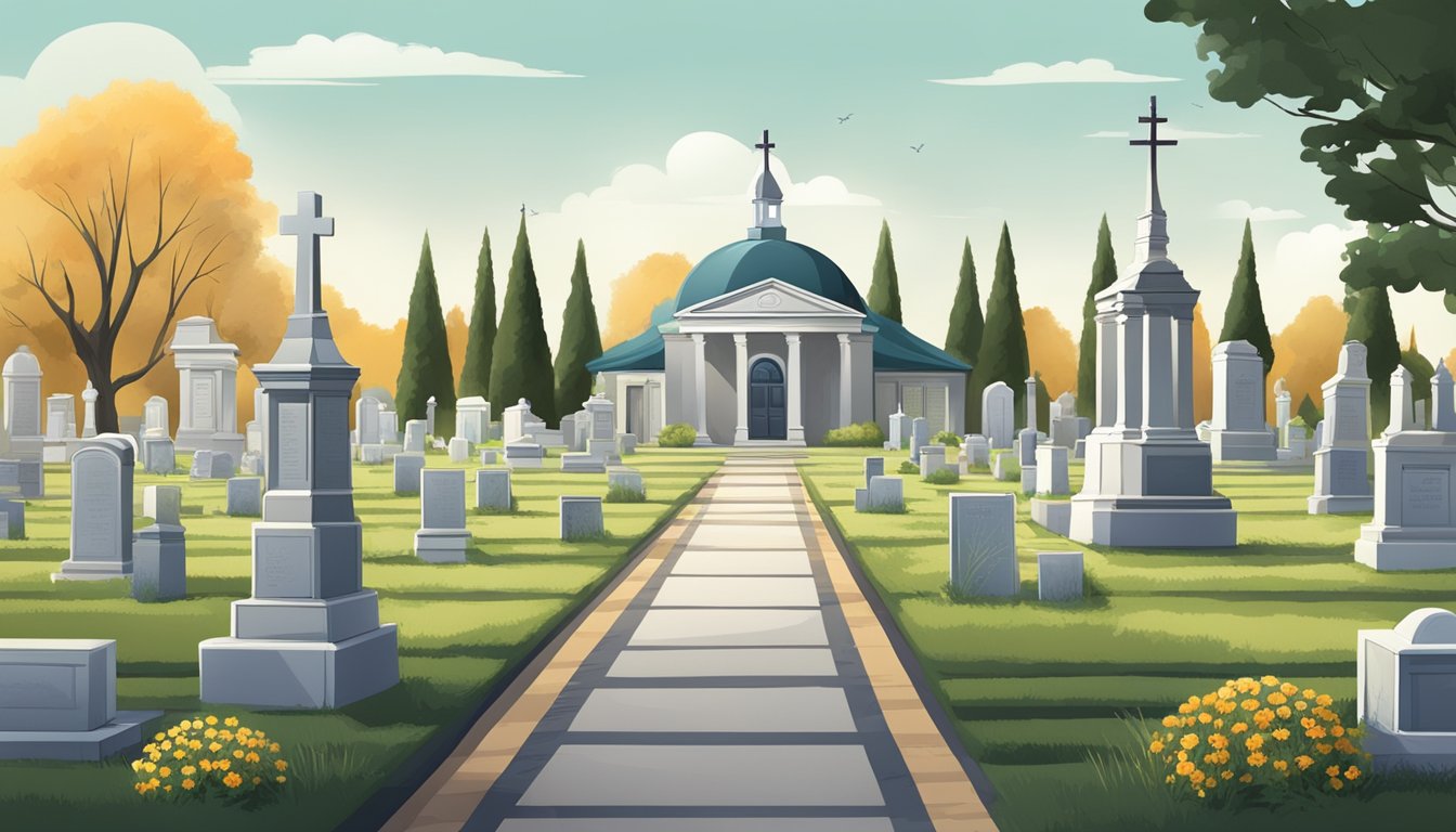 A tranquil cemetery with rows of burial plots and a registry office for funeral merchandise