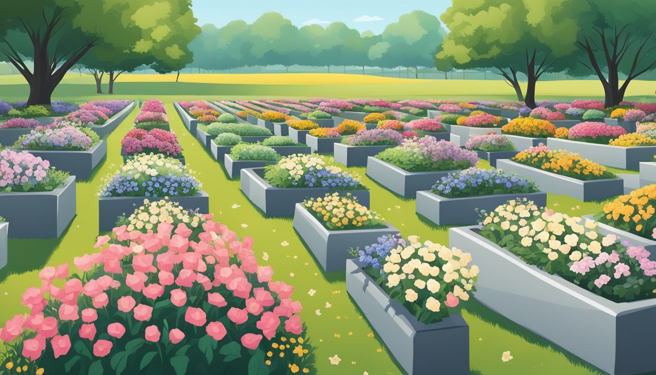 Rows of neatly organized burial plots with markers and flowers, surrounded by a peaceful landscape