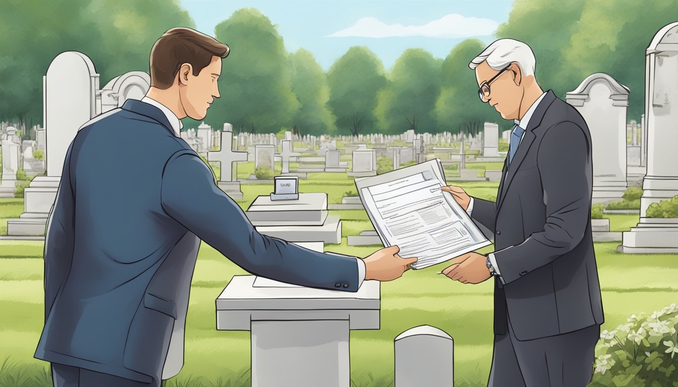 A handover ceremony at a peaceful cemetery plot, with two individuals exchanging paperwork and keys, signifying the transfer of ownership