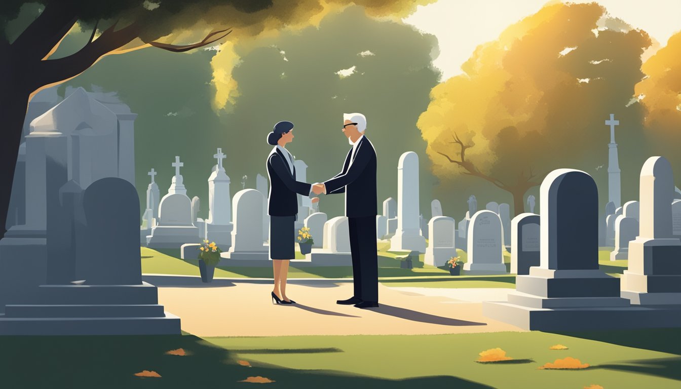 A handover ceremony at a serene cemetery plot, with two figures exchanging paperwork and shaking hands. The sun casts long shadows over the gravestones