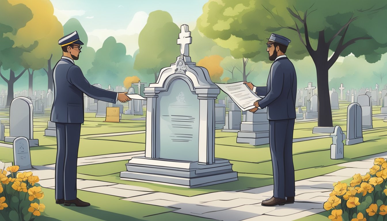 A person handing over a deed or certificate to another person in front of a cemetery plot