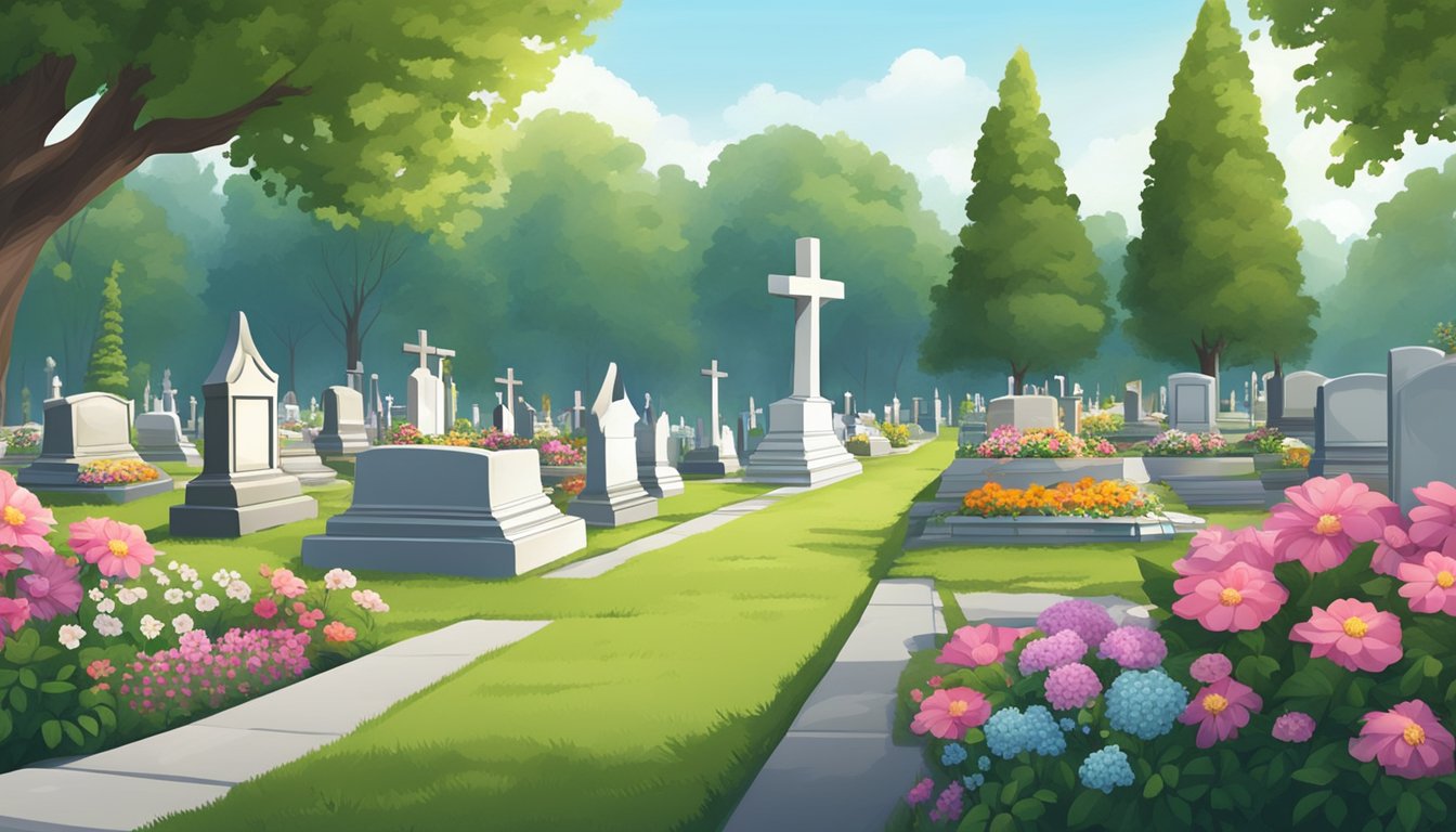 A peaceful cemetery with rows of neatly maintained burial plots surrounded by lush greenery and adorned with flowers and memorial decorations