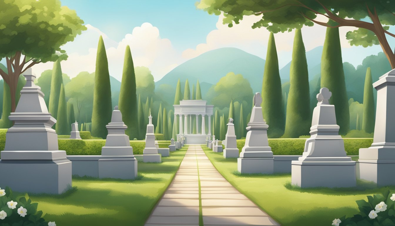 A tranquil cemetery with rows of neatly manicured plots, adorned with elegant urns and surrounded by peaceful greenery