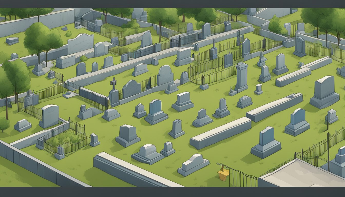 A cemetery with neatly arranged plots, marked with legal signage and surrounded by fencing