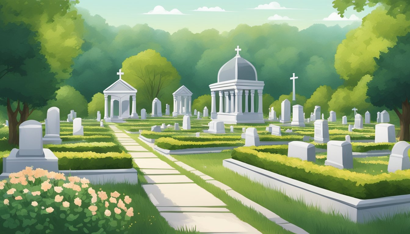 A serene cemetery with rows of burial plots surrounded by lush greenery and peaceful landscape