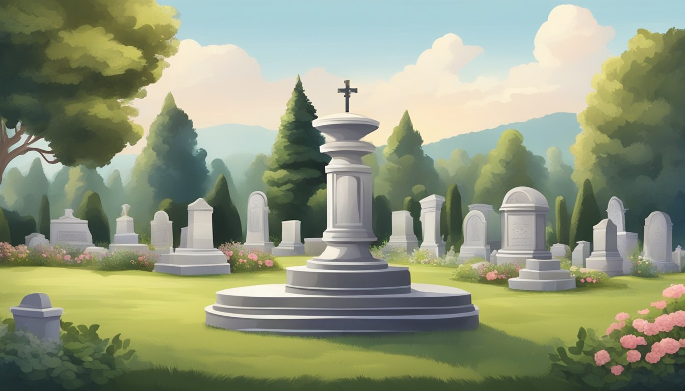 A serene cemetery with a small plot of land marked for a funeral, and an elegant urn placed on a stone pedestal nearby