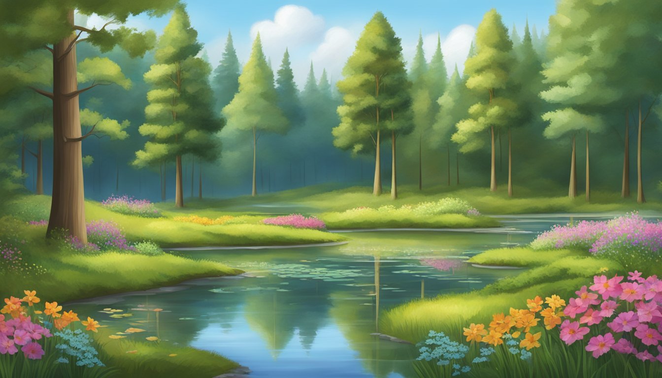 A serene forest clearing with colorful wildflowers and a small, peaceful pond, surrounded by towering trees