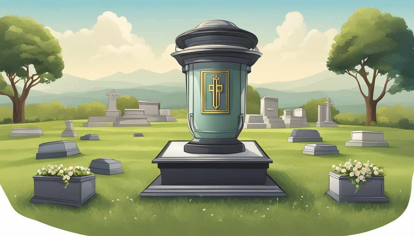 A funeral plot with an urn placed on a grassy field, surrounded by cultural and legal symbols