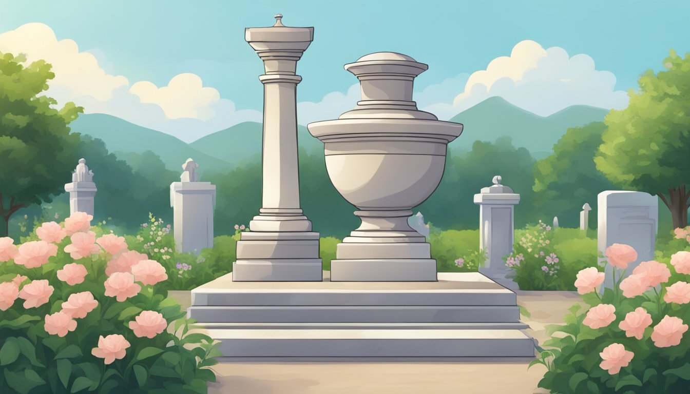 A serene cemetery plot with a simple urn placed on a stone pedestal surrounded by flowers and greenery