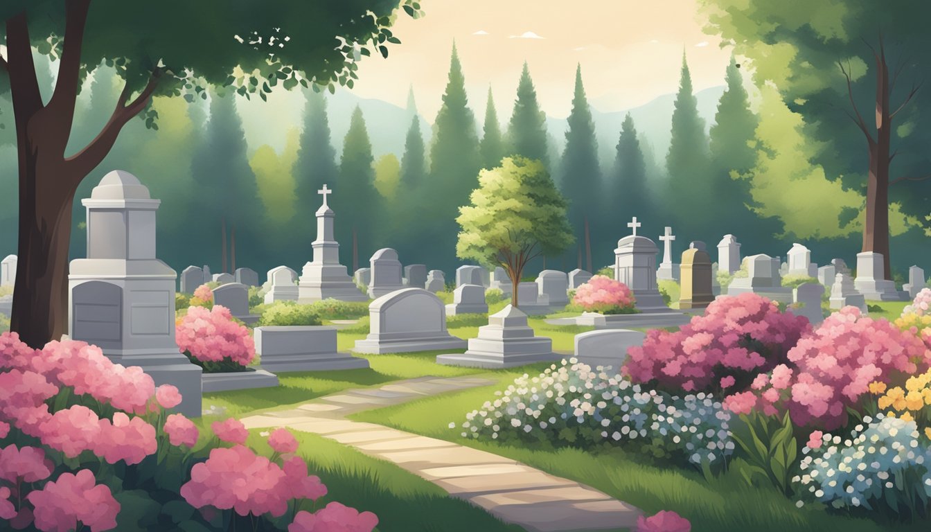 A serene cemetery with rows of burial plots nestled among trees and flowers, offering a peaceful resting place for loved ones