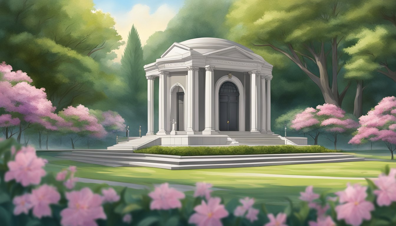 A serene burial plot nestled among tall trees and blooming flowers, with a grand mausoleum standing as a symbol of legacy and remembrance