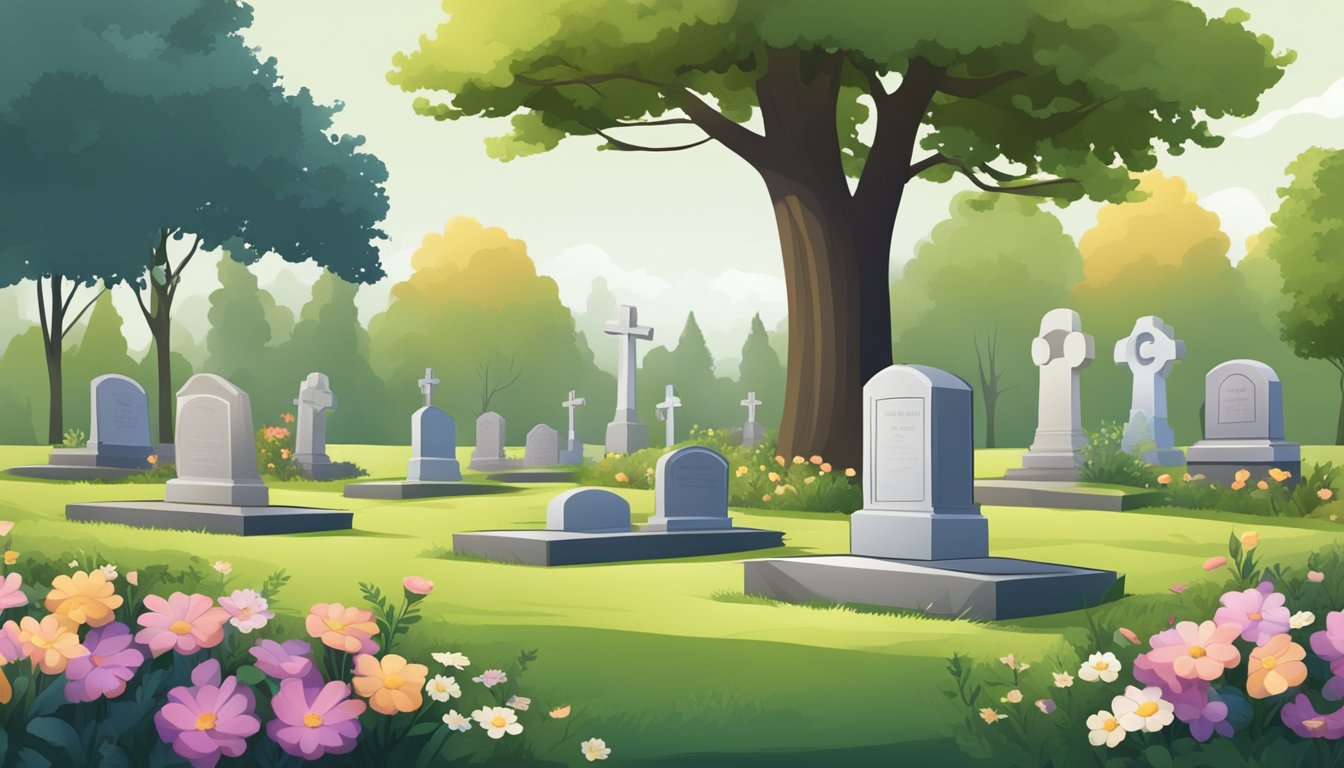 A peaceful cemetery plot with a simple headstone and flowers