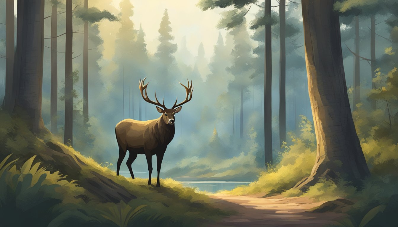 A serene forest clearing with a lone hunter in a peaceful stance, surrounded by nature's beauty and tranquility