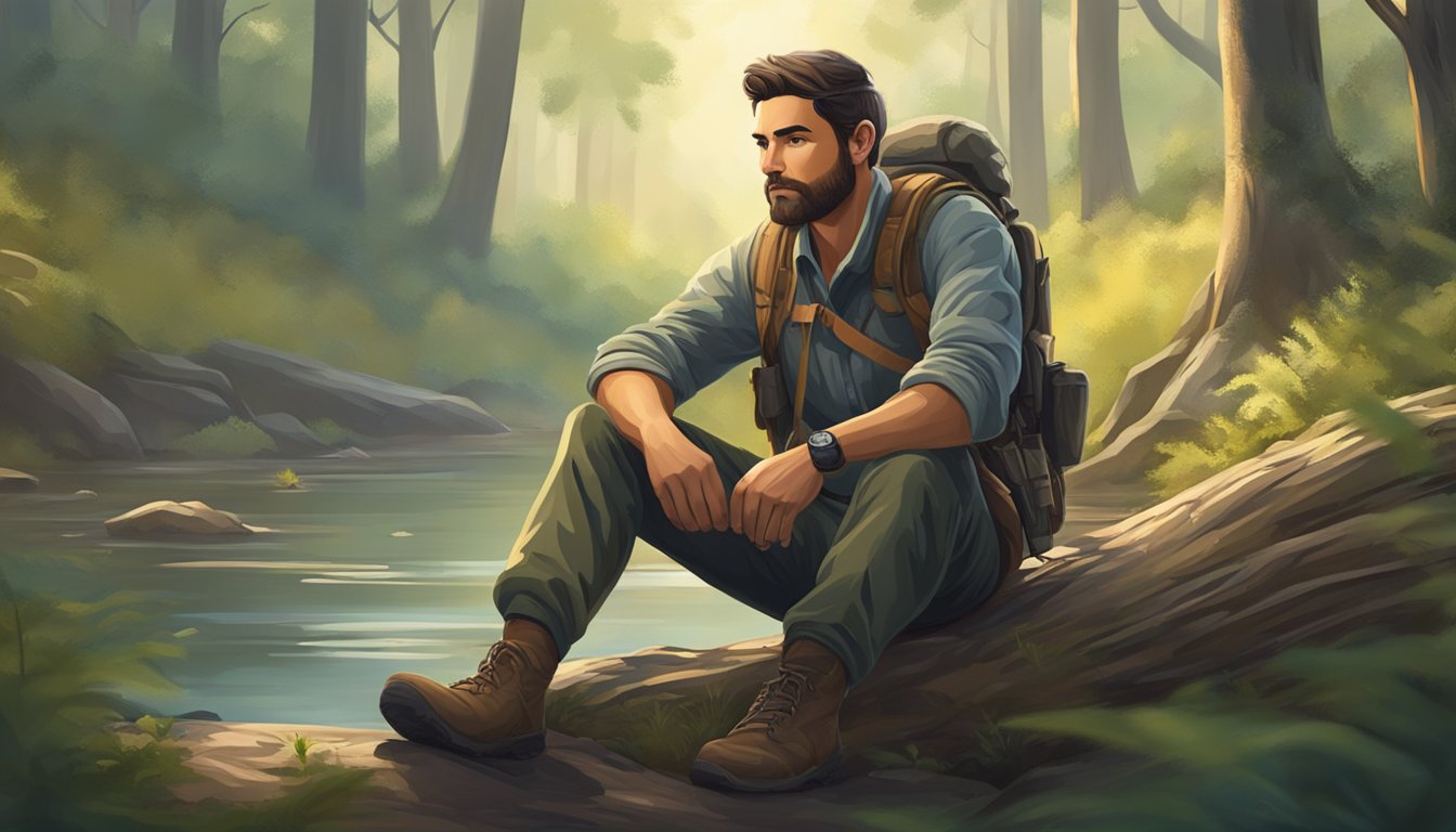 A serene hunter sits in a peaceful forest, surrounded by nature and wildlife. The atmosphere exudes tranquility and mindfulness