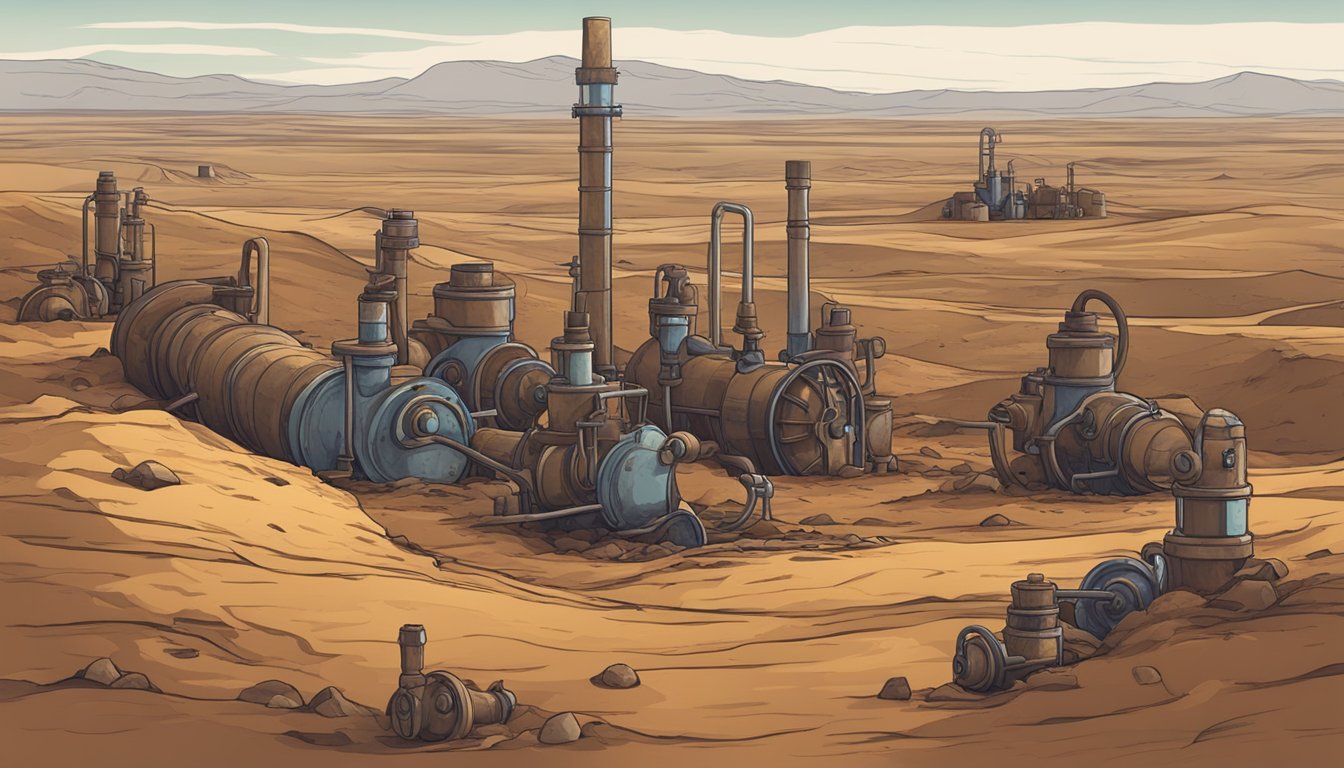 A desolate landscape with rusty, buried valves protruding from the ground