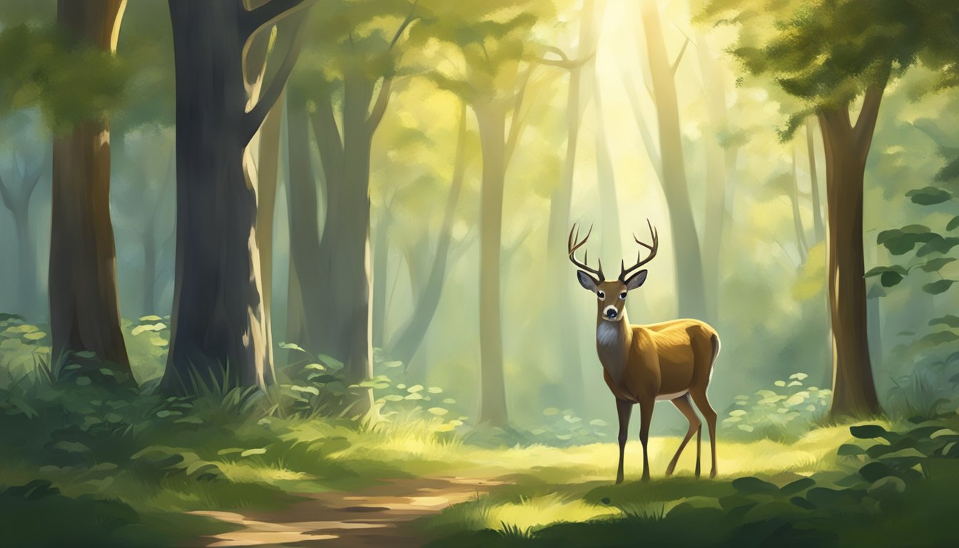 A serene forest clearing, dappled sunlight filtering through the trees. A deer peacefully grazing, surrounded by a sense of tranquility and harmony with nature