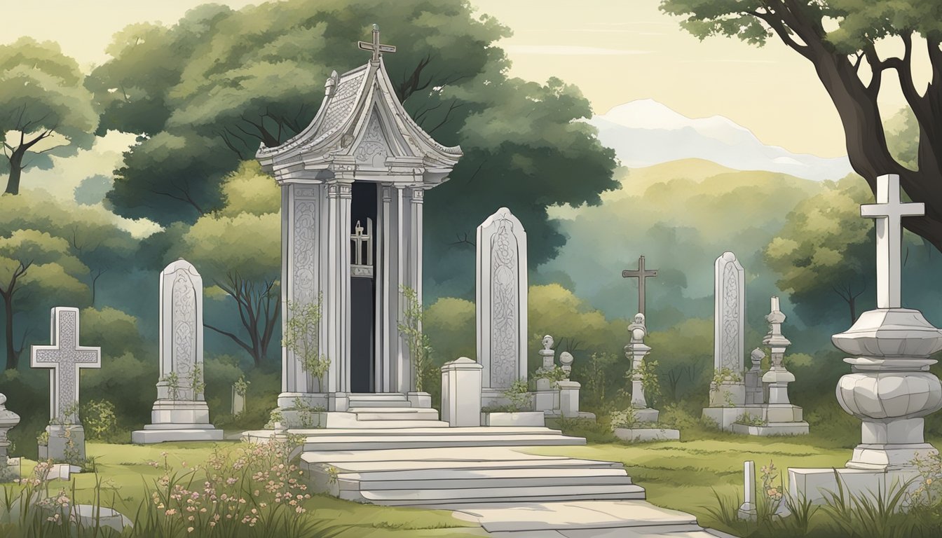 A serene burial ground with symbolic religious elements and cultural motifs