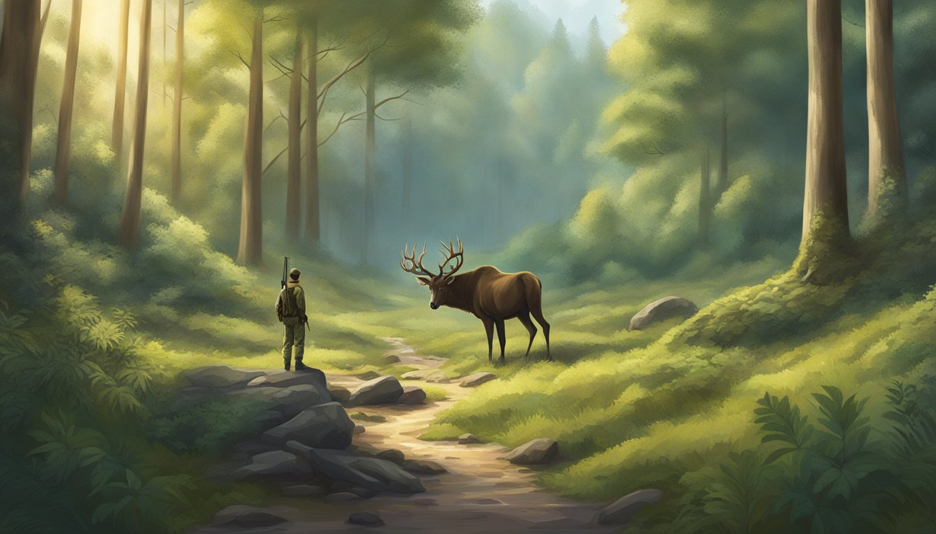 A tranquil forest clearing with a lone hunter in a relaxed stance, surrounded by nature and wildlife