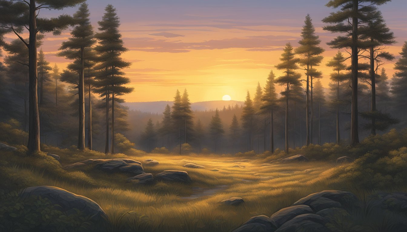 A serene forest clearing at dusk, with a lone hunting stand nestled among the trees. The warm glow of the setting sun illuminates the scene, creating a peaceful and introspective atmosphere