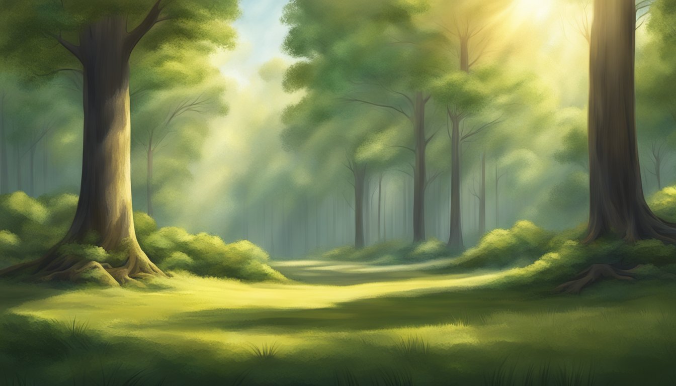 A serene forest clearing with a lone tree, dappled sunlight, and a peaceful atmosphere