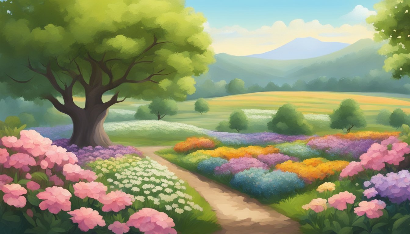 A serene landscape with a freshly dug plot, surrounded by blooming flowers and shaded by a graceful tree