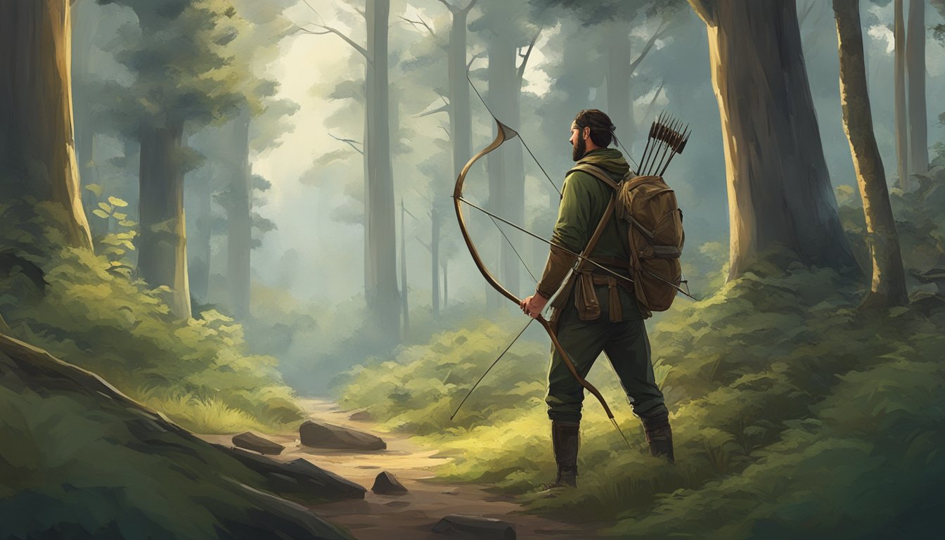 A lone hunter standing in a dense forest, surrounded by towering trees and the sounds of wildlife. The hunter carries a traditional bow and arrow, evoking a sense of ancient hunting practices