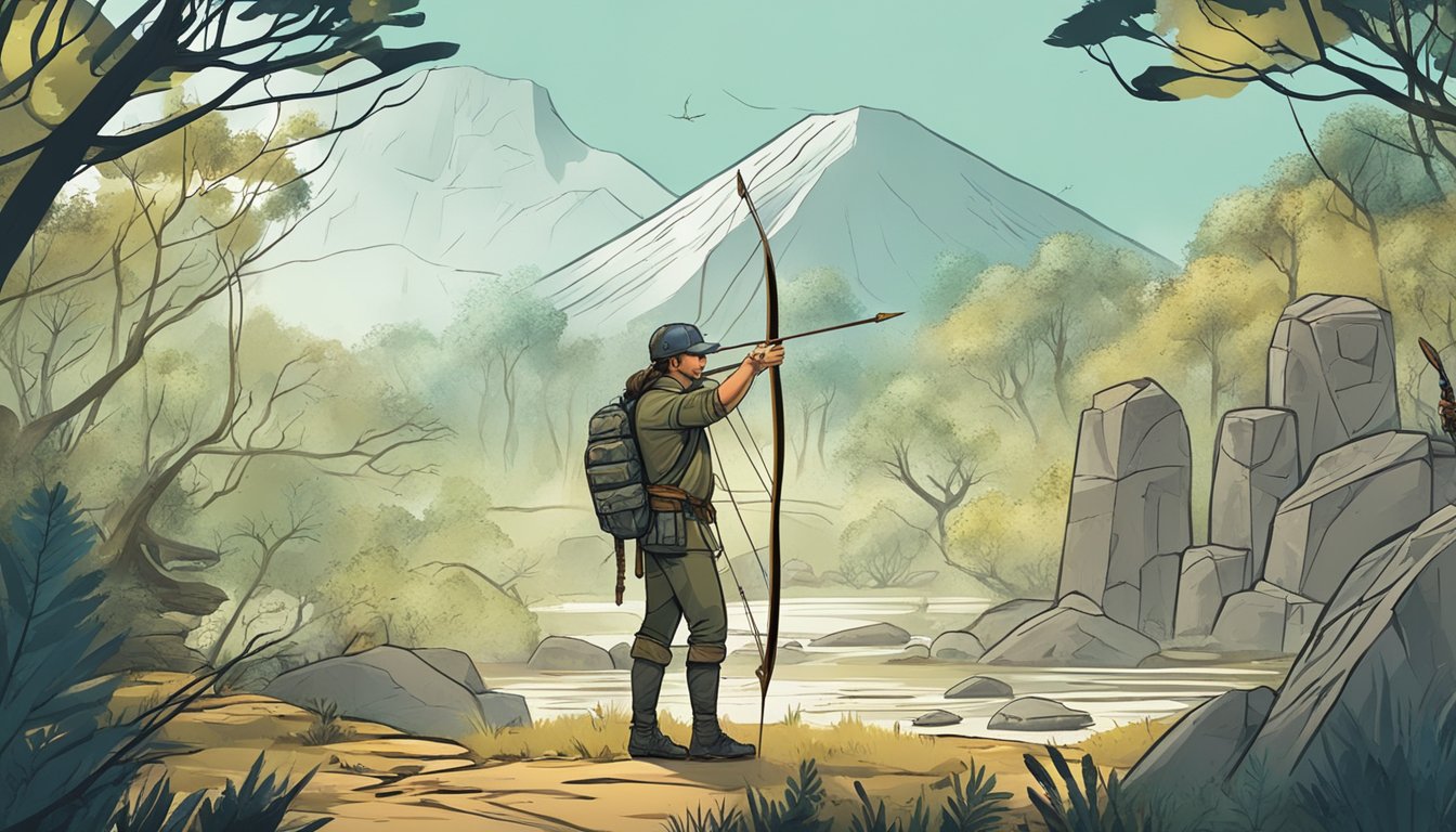 A hunter using a traditional bow and arrow stands in a forest, surrounded by ancient petroglyphs and modern technology