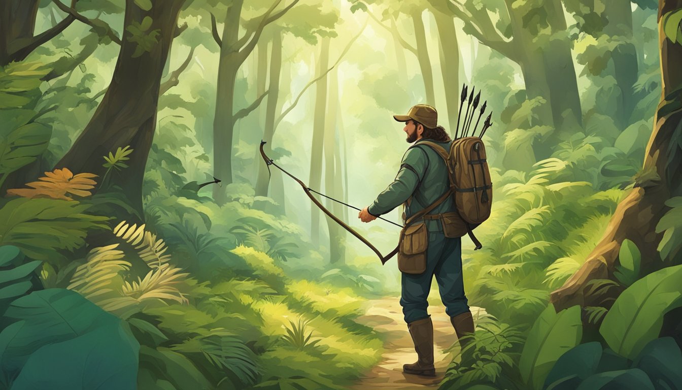 A hunter walking through a forest, carrying a bow and arrow, surrounded by diverse wildlife and lush vegetation. The scene is filled with a sense of harmony and respect for nature